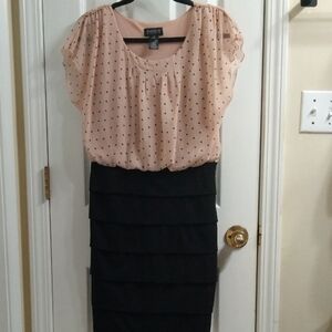 Enfocus Studio Pink Polka Dot Blouse and Black Tiered Pencil Skirt
